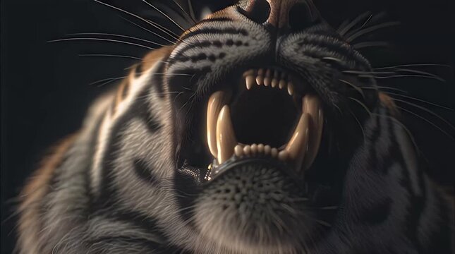 A close-up of a tiger's face showing sharp saber teeth in a fierce roar against a dark background