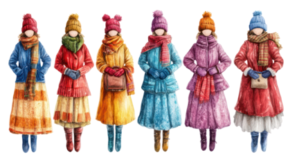 Thermal dresses with matching winter accessories mittens and scarves on transparent background