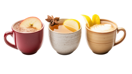 Three cozy winter beverages including spiced apple cider on transparent background
