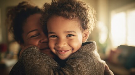 Obraz premium Cozy living room embrace between an African American mother and her Hispanic son, natural light
