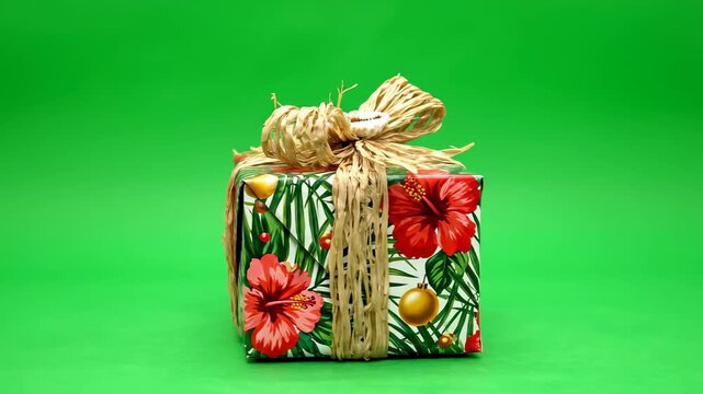 Isolated slow rotation of a small tropical Christmas gift box wrapped in natural raffia ribbon against a bright green screen background for easy compositing rotating, festive, clean