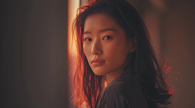 A korean girlfriend posing in a dimly lit room with soft light on her face and dark hair