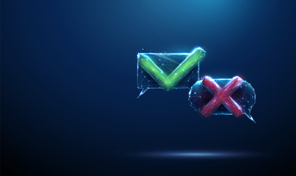 Two chat bubbles with red cross, green check mark Decision making, approval, rejection, feedback evaluation, user response flow, inquiry resolution, communication status concept.