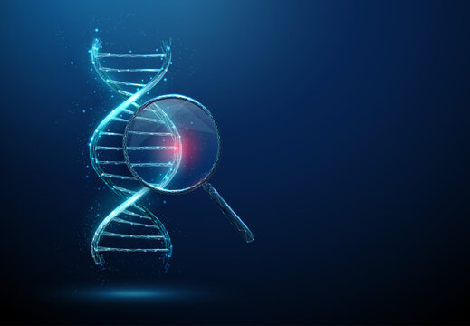 Blue 3d DNA under a magnifying glass with a red spot inside. Genetic mutation, DNA sequencing, molecular biology, biotechnology research concept.