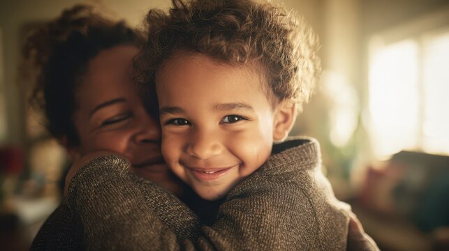 Cozy living room embrace between an African American mother and her Hispanic son, natural light