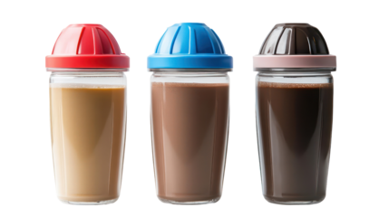 Three protein shaker bottles with colored lids filled with protein drink on transparent background