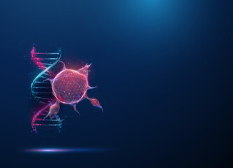 Red tumor with purple DNA. Cancer research, genetic analysis, molecular diagnostics, oncology study, precision medicine, biomedical investigation concept.