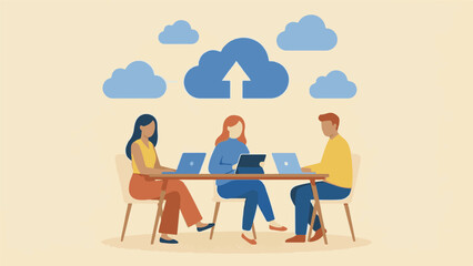 Business team working on devices, connected to cloud computing network