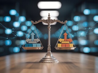 Hybrid accountability banner using scales, arrows, and digital nodes showing equal contribution between remote and office work