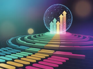 Hybrid success measurement poster with abstract progress bars, rising arrows, and interconnected nodes representing goal tracking