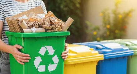 A woman holds a green recycling bin filled with cardboard and paper in a garden. The sunny setting highlights the importance of recycling for a cleaner environment.