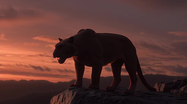 A saber-toothed tiger stands on a rocky outcrop, its sharp teeth visible, against a vibrant orange and purple sunset backdrop.
