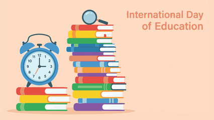International Day of Education concept with books, alarm clock, and magnifying glass
