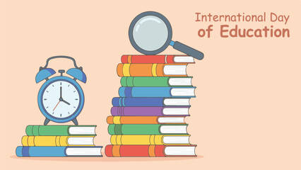 International Day of Education concept with books, alarm clock, and magnifying glass