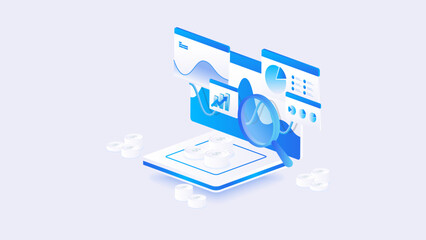 Stock market isometric of financial dashboard data analysis with gantt charts, coin, and financial metrics in blue digital style.