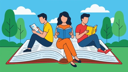 Group of diverse people reading books outdoors on a giant open book