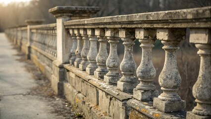 Vintage stone balustrade with some missing balusters, selective focus,architecture, stone, balustrade, sky, balcony, building, column, columns, travel, roman, style, old, marble, fence, decoration, 
