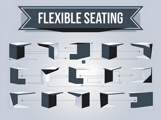 Flexible seating banner with abstract geometric desk shapes and digital connection lines showing adaptable workspace zones