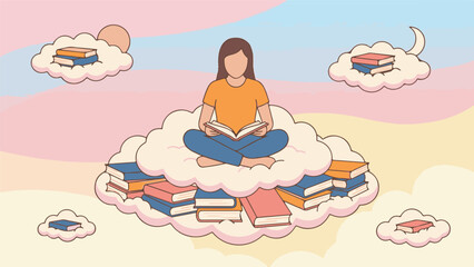 Girl Reading Books on Clouds, Representing Dream, Knowledge, and Learning