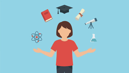 Student surrounded by education and science symbols, concept of learning
