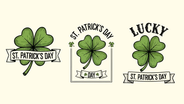 Three vintage illustrations of four-leaf clovers with St. Patrick's Day themed text banners and frames.