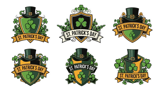 St. Patrick's Day Emblems Featuring Lucky Clovers, Top Hats, and Decorative Greenery on Shields
