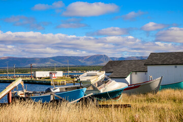 Fishing boats beside shoreline sheds at a small harbour in Cow Head, Newfoundland. Calm water, simple buildings, and distant hills depict a quiet Atlantic fishing village during the fall off-season