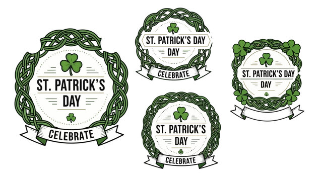 St. Patrick's Day Decorative Circular Badges with Celtic Knots, Shamrocks, and "Celebrate" Banners