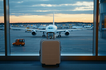 A suitcase positioned near the window overlooking taxiing planes at dawn, reflecting the early morning hues.