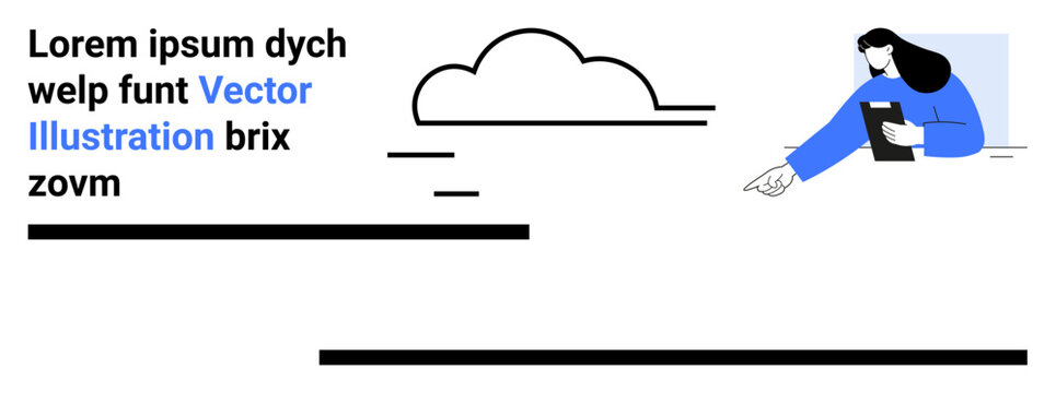 Digital design, education, technology, presentation, media, creativity. A woman holding a clipboard next to a cloud and abstract text layout. Education and technology conceptual - Powered by Adobe