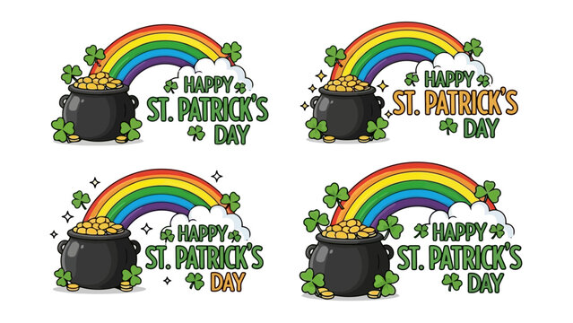 Happy St. Patrick's Day holiday design with pot of gold, rainbow, shamrocks, and clouds, celebrating