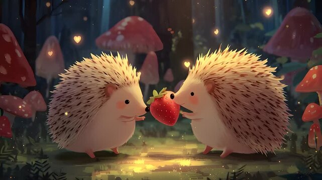 Two adorable hedgehogs in a magical forest with glowing mushrooms