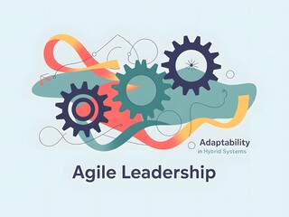 Agile leadership banner with interlocking gears, rotating circles, and flowing lines representing adaptability in hybrid systems