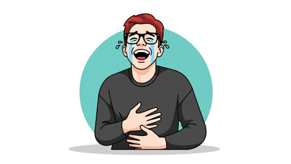 A man with red hair and glasses is laughing so hard he is crying, holding his stomach.