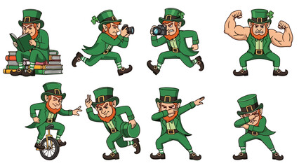 Fototapeta premium A collection of cartoon leprechauns in various poses and activities, including reading, photography, and flexing muscles.