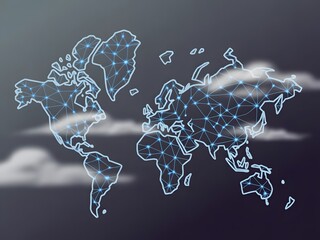 Global hybrid management wallpaper with world map silhouettes, cloud networks, and abstract digital connections showing cross-border teamwork