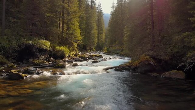 Forest river with mossy rocks and flowing water in a serene woodland landscape