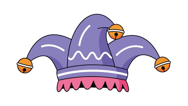 A whimsical purple jester hat adorned with golden bells and a pink ruffled brim.
