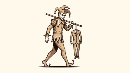 A jester in a traditional costume walks carrying a suit on a stick over his shoulder.