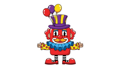 A cartoon illustration of a cheerful clown with a purple and yellow striped hat, holding balloons and wearing a ruffled collar.