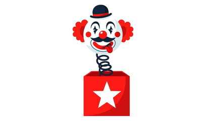 A classic jack-in-the-box toy featuring a clown popping out of a red box with a white star.