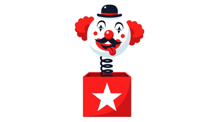 A classic jack-in-the-box toy with a clown popping out of a red box with a white star.