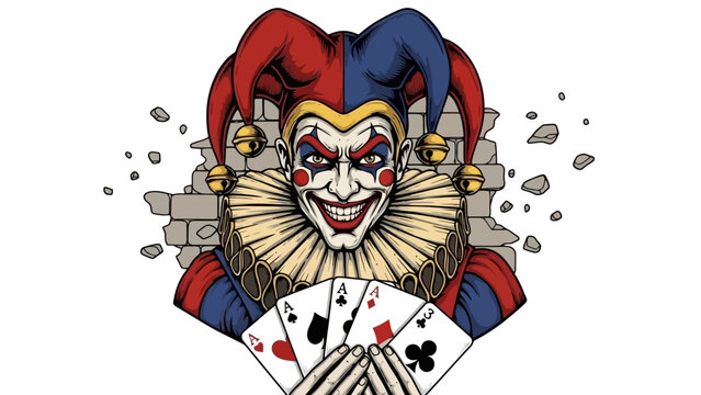 A sinister jester with a menacing grin, wearing a traditional jester's hat and costume, holding a fan of playing cards, with a cracked brick wall in the background.