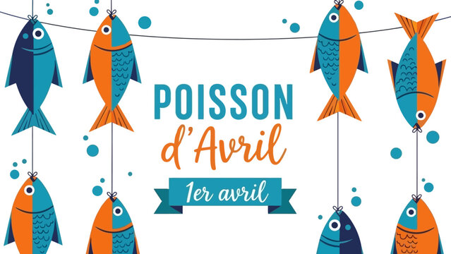 A festive illustration for April Fools' Day featuring colorful fish decorations hanging on a line, with text reading 'Poisson d'Avril' and '1er avril'.