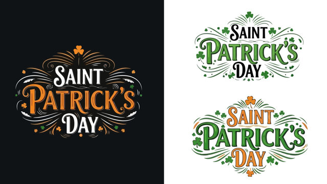 Saint Patrick's Day decorative lettering with shamrocks and swirls.