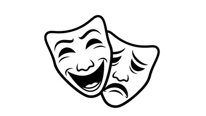 A black and white illustration of two theatrical masks, one depicting joy and laughter, the other sadness and despair, symbolizing the duality of human emotions and the performing arts.