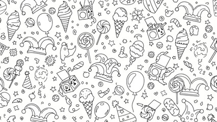 A whimsical black and white doodle pattern featuring a chaotic assortment of party and carnival elements.