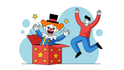 A cheerful clown pops out of a surprise box, startling a man who jumps with excitement.