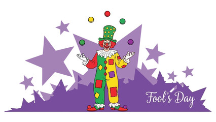 A colorful clown juggles balls in front of a purple starburst background with the text "Fool's Day" on the right.