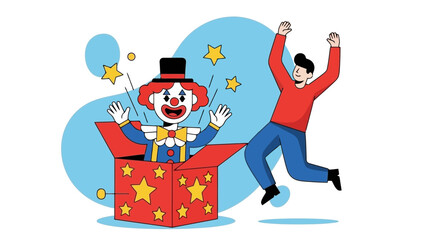 A man joyfully jumps in the air as a clown pops out of a jack-in-the-box with stars and a blue background.